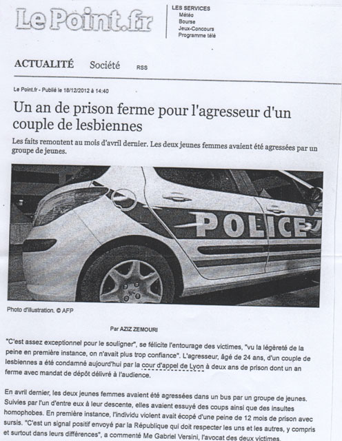 Presse - Le Point - Prison pour l'agresseur d'un couple de lesbiennes