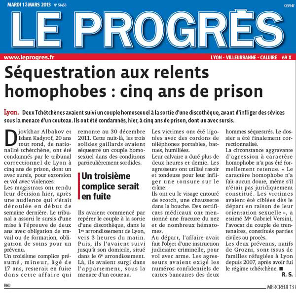 Presse - Le Progrès - Lyon - Sequestration aux relents homophobes