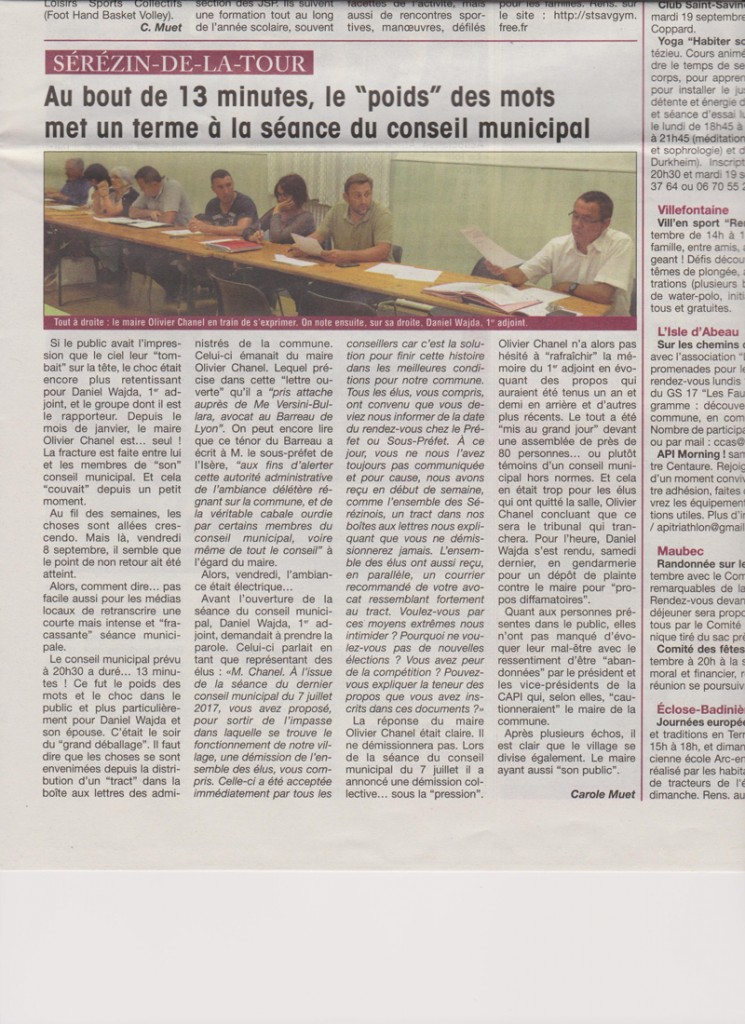 Le PROGRES septembre 2017 - Conseil Municipal Serezin de la Tour