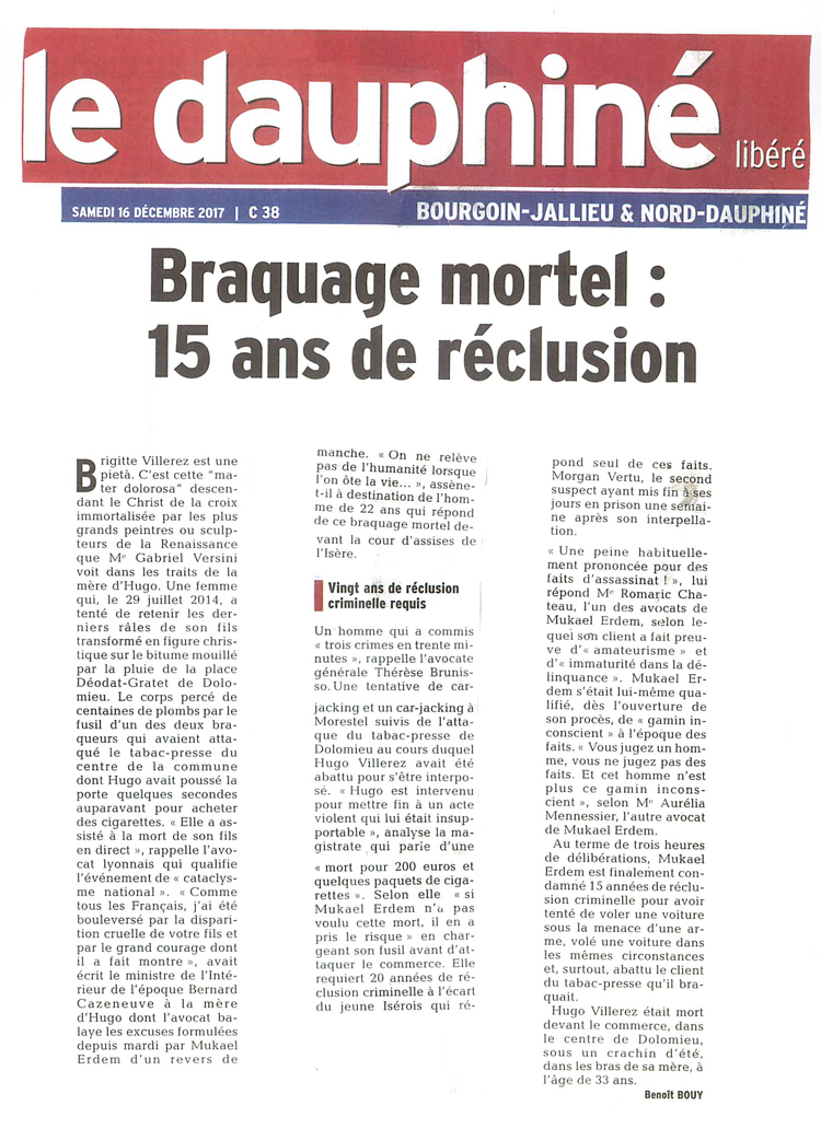 LE DAUPHINE - BRAQUAGE MORTEL : 15 ANS DE RECLUSION