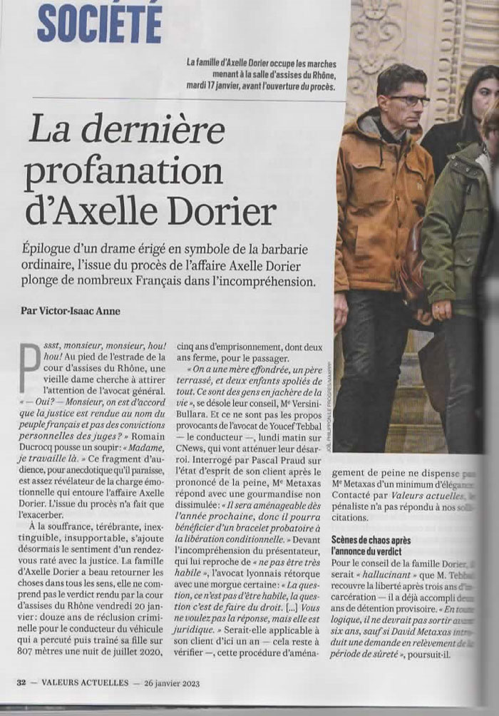 Avocat Versini - Affaire Axelle Dorier : article Valeurs ACtuelles